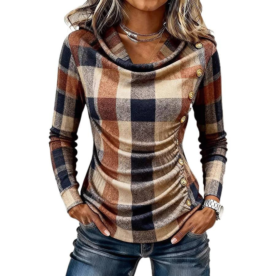 Women's checked fitted long-sleeve shirt with waterfall neckline and side button placket Chichicherry