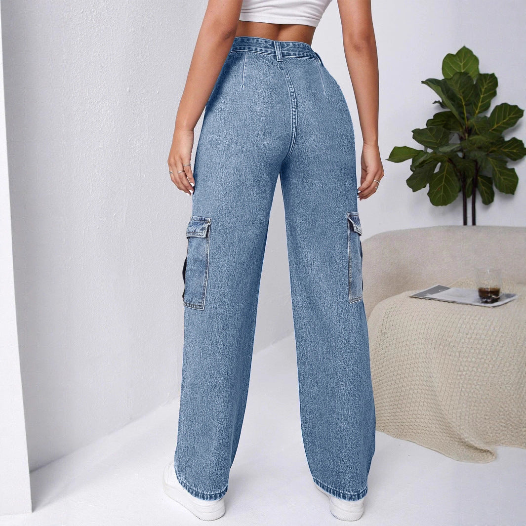 Women High-Waisted Cargo Wide Jeans with Patch Pockets and Elastic Hem Chichicherry