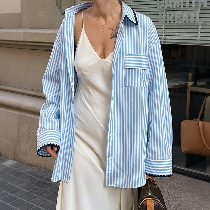 Women's oversized shirt blouse with fine stripes, breast pocket and decorative trim Chichicherry