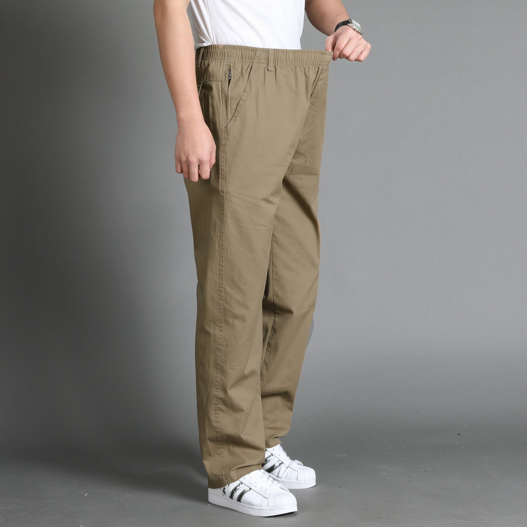 Men's Casual Canvas Chino Pants with Elastic Drawstring Waistband, Patch Pockets & Straight Leg Chichicherry