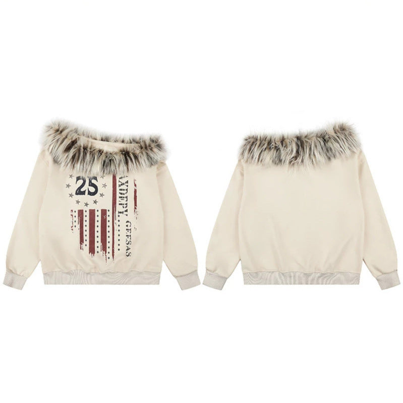 Women's hooded sweatshirt with removable faux fur collar and vintage print Chichicherry