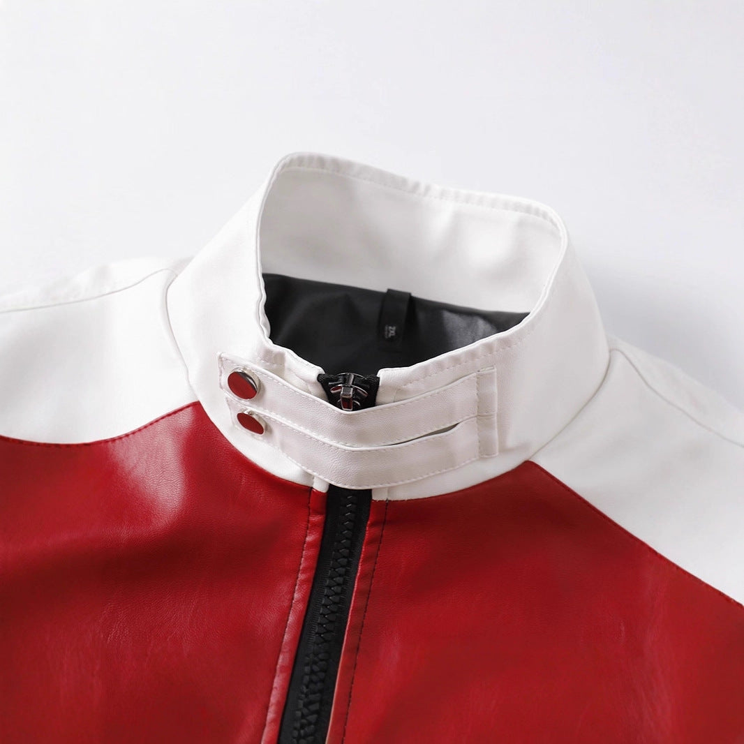 Men's Colorblock Faux Leather Bomber Jacket with Stand Collar and Double-Sided Zipper Chichicherry