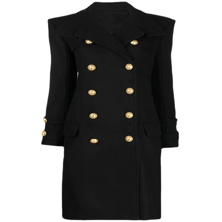 Ladies Elegant Wool Blend Long Coat in Marine Inspired Double Breasted with Oversized Shawl Collar and Decorative Sleeves Chichicherry