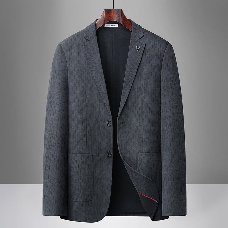 Men's Modern Business Blazer with Subtle Herringbone Pattern and Patch Pockets Chichicherry