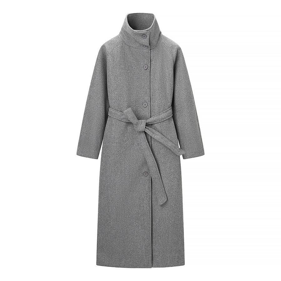 Women Tailored Wool Blend Coat with Tie Belt, Large Lapel and Warming Inner Flap Chichicherry