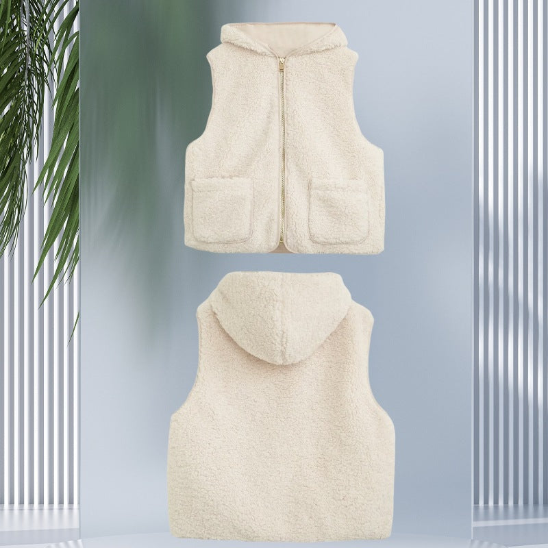 Women Padded Sherpa Vest with Hood, Zipper and Patch Pockets Chichicherry