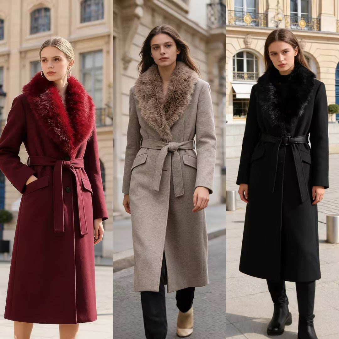 Women's wool coat with removable faux fur shawl collar and belted waist Chichicherry