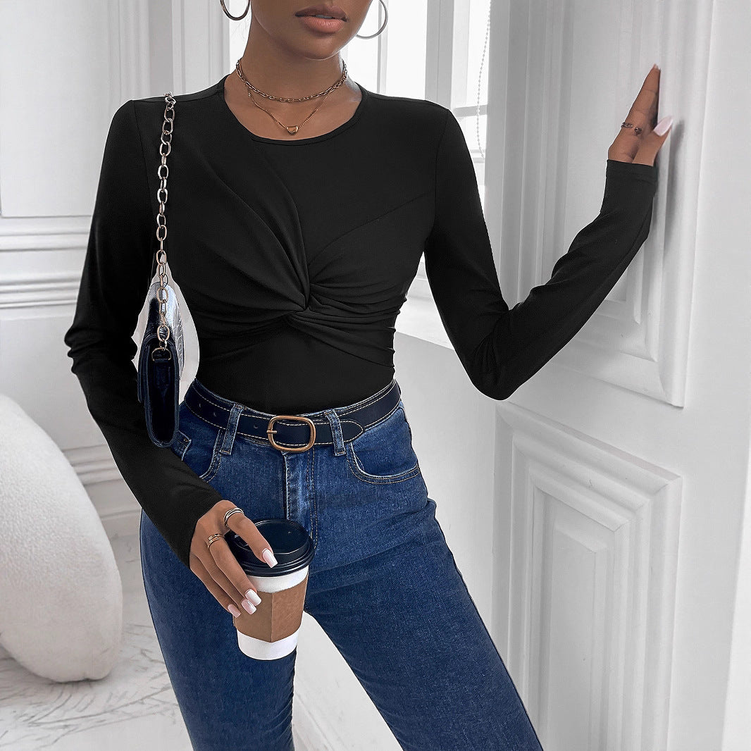 Women Figure-Hugging Long Sleeve Shirt with Twist Detail and Round Neckline Chichicherry
