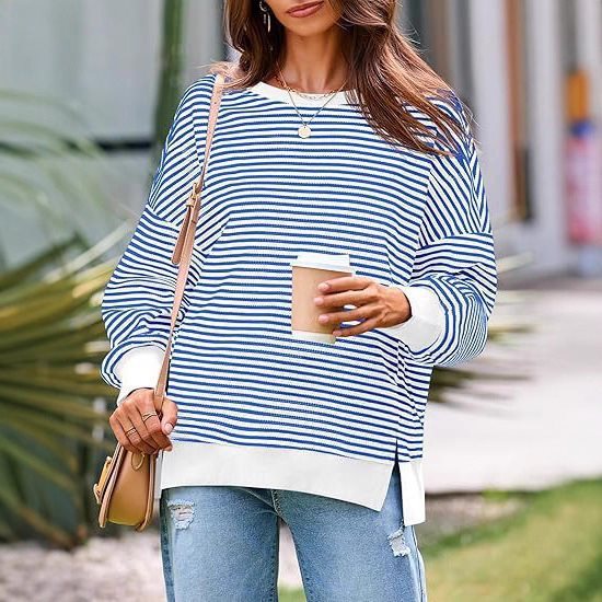 Women Striped Oversize Sweater with Round Neck and Side Slits Chichicherry