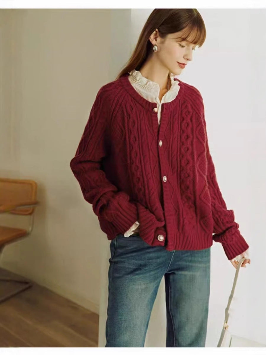 Women's Cozy Braid and Diamond Knit Cardigan with Mother-of-Pearl Button Placket Chichicherry