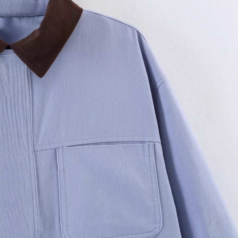Women's Overshirt Jacket with Contrast Collar and Four Patch Pockets Chichicherry