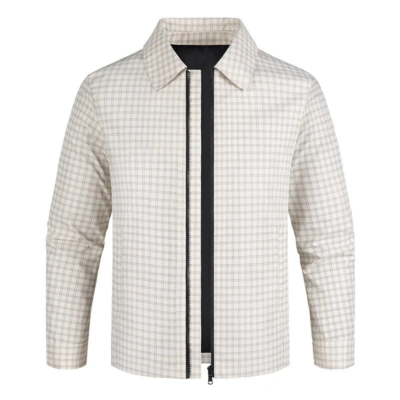 Men's Lightweight Checked Overshirt Jacket with Concealed Two-Way Zipper and Shirt Collar Chichicherry