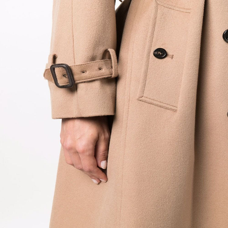 Women's Midi Length Wool Blend Trench Coat in Tailoring with Double Breasted, Waist Belt and Epaulettes Chichicherry