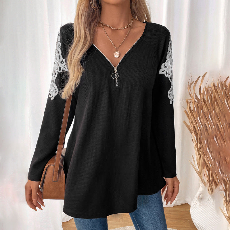 Women's Long Sleeve Tunic with V-Neck, Zipper and Floral Lace Sleeves Chichicherry