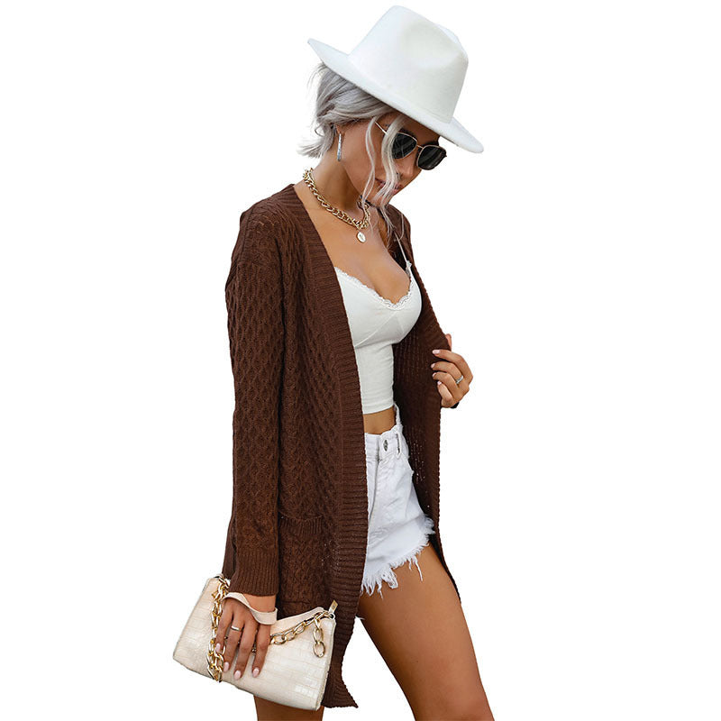 Women's Long Open Knit Cardigan with Lace and Cable Pattern, Front Pockets and Relaxed Fit Chichicherry