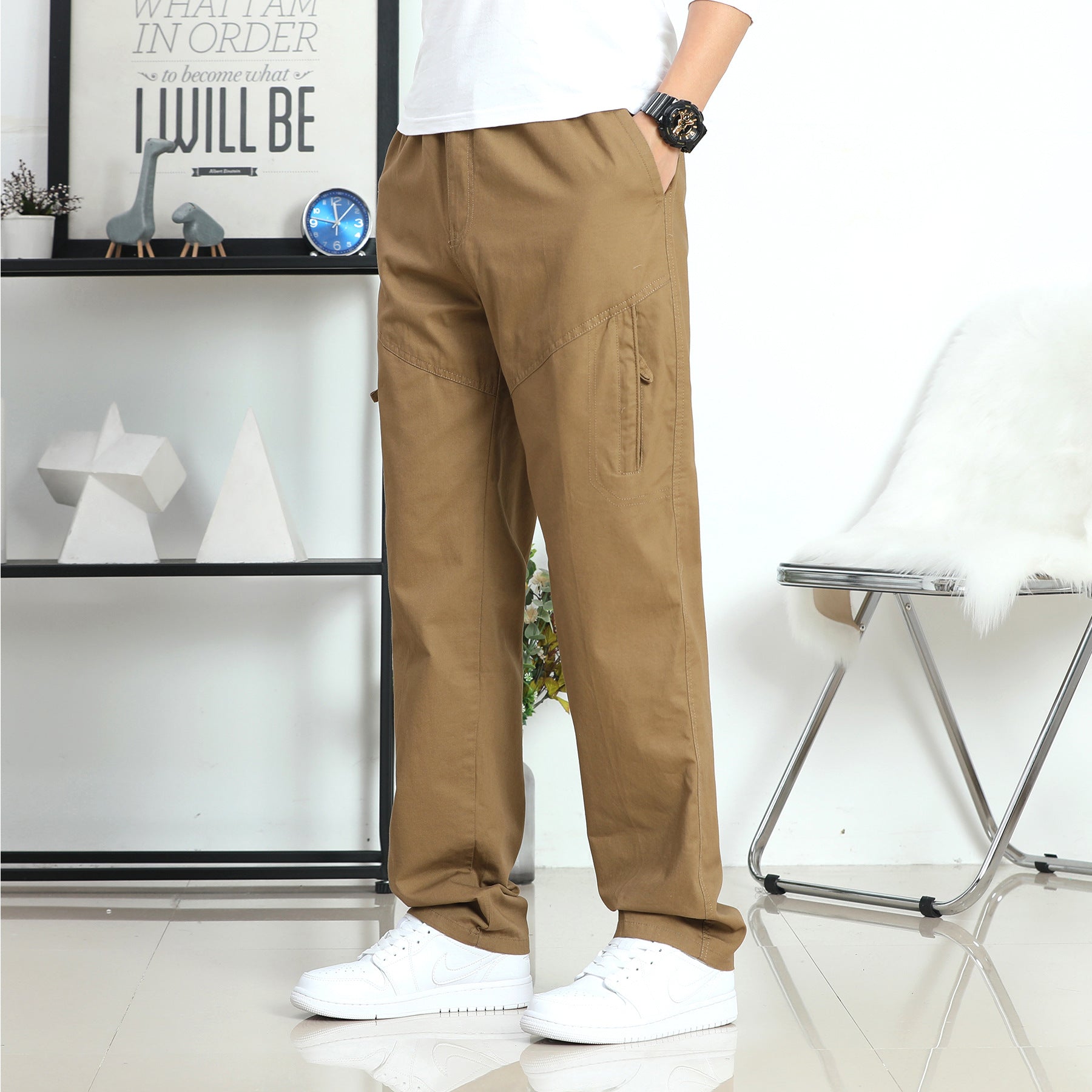 Men's Wide Utility Cargo Pants with Elastic Waistband, Side Zipper Pocket & Pre-Shaped Knee Inserts Chichicherry