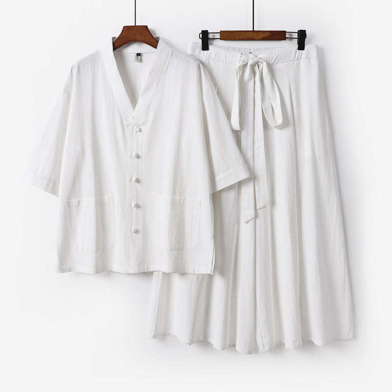 Women Two-Piece Kimono Lounge Set with Short Sleeve Button Jacket, Patch Pockets and Wide Palazzo Pants Chichicherry