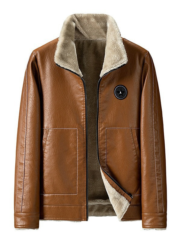 Men's Faux Leather Pilot Jacket with Sherpa Lining and Zip Chichicherry
