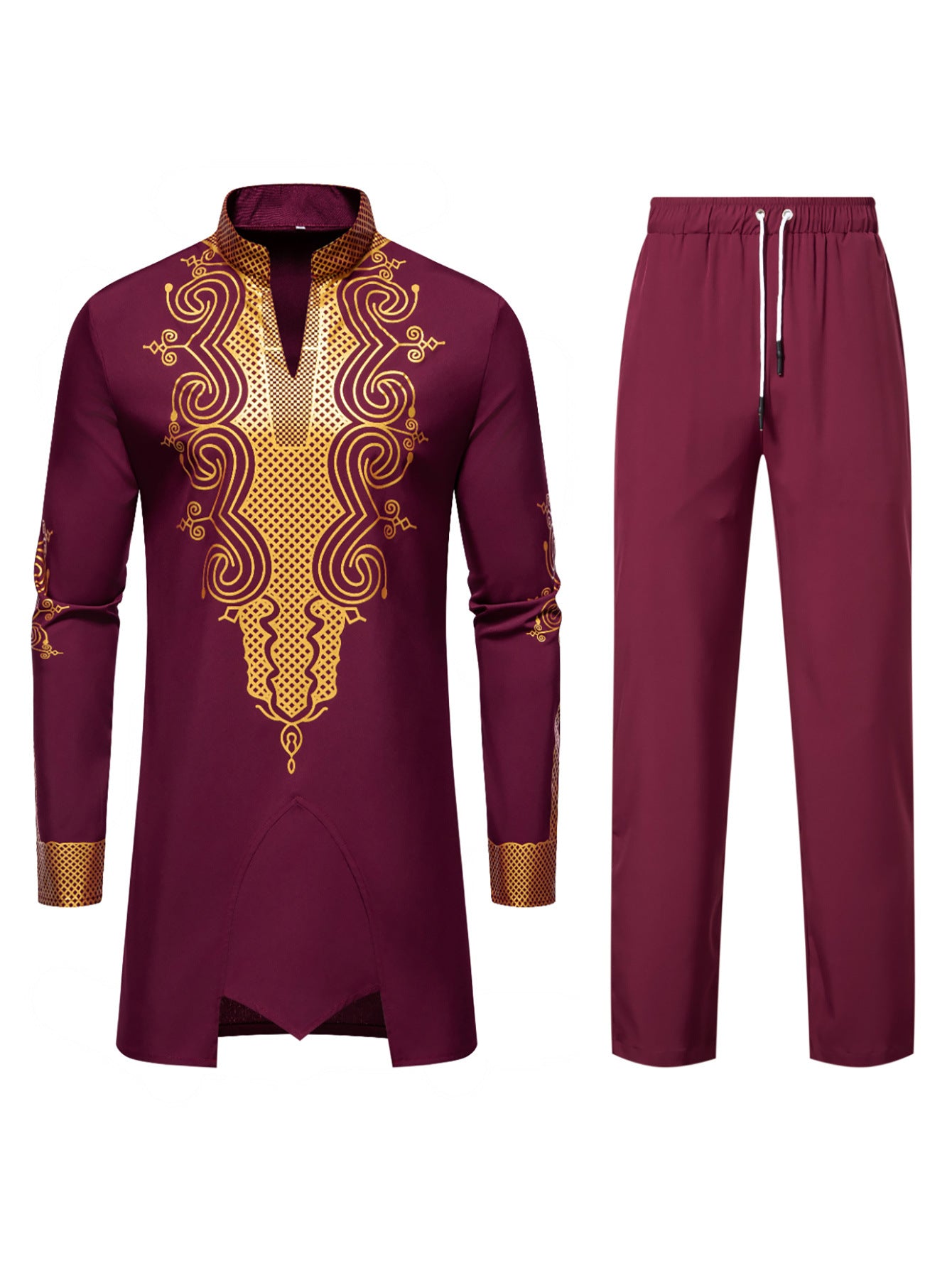 Men's Traditional Embroidered Tunic Set with Mandarin Collar and Elastic Pants Chichicherry