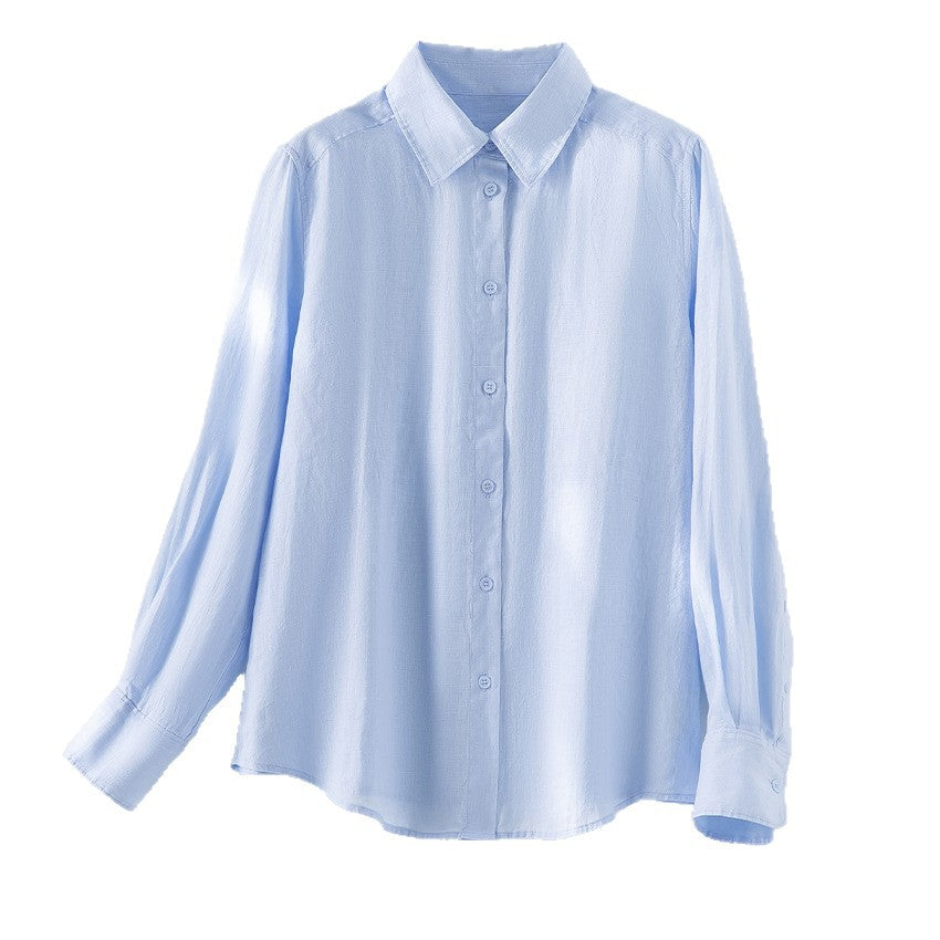 Women Lightweight Oversized Linen Blouse Shirt with Classic Collar and Continuous Button Placket Chichicherry