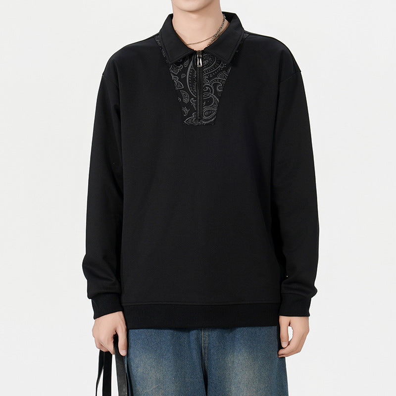 Men's Loose Sweatshirt with Polo Collar, Half Zipper and Paisley Trimming Chichicherry
