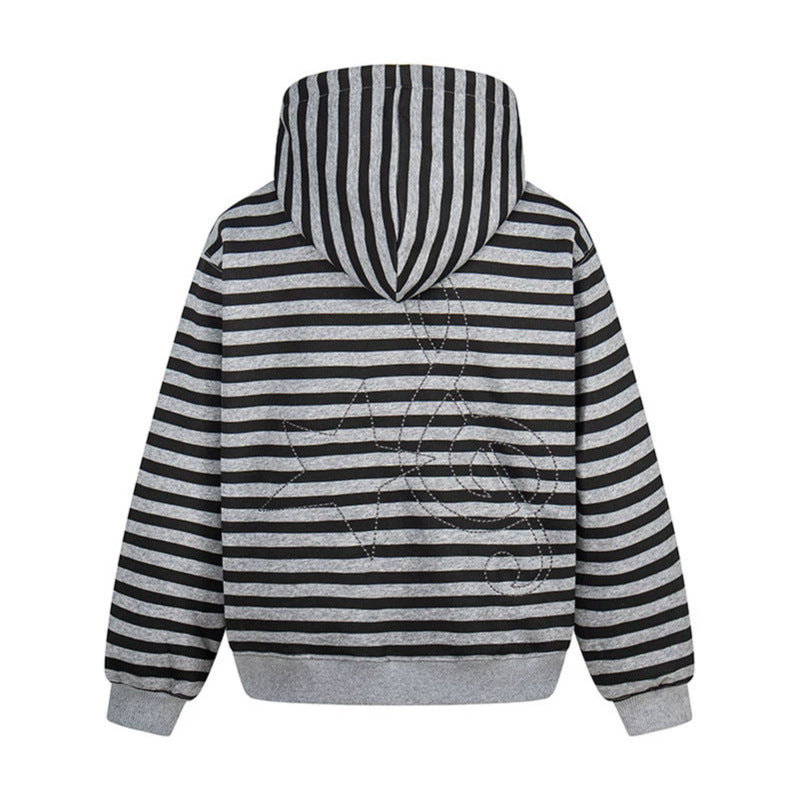 Women's oversized striped hooded sweatshirt jacket with full-length zipper and typographic front print Chichicherry