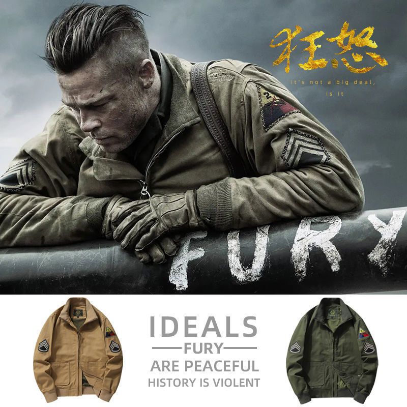 Men's canvas bomber jacket in worker blouson style with badge patches and ribbed collar Chichicherry