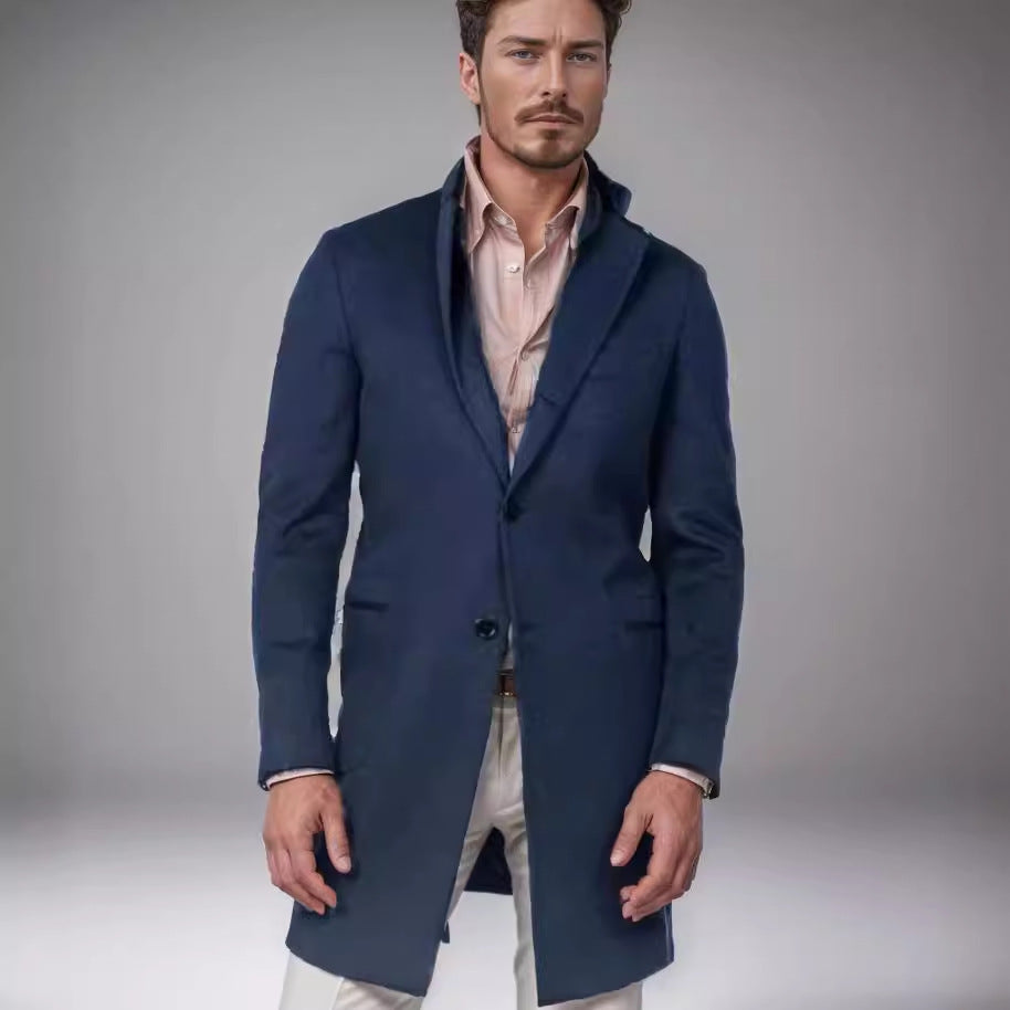 Men's Long Tailored Wool Blend Coat with Subtle One-Button Placket Chichicherry