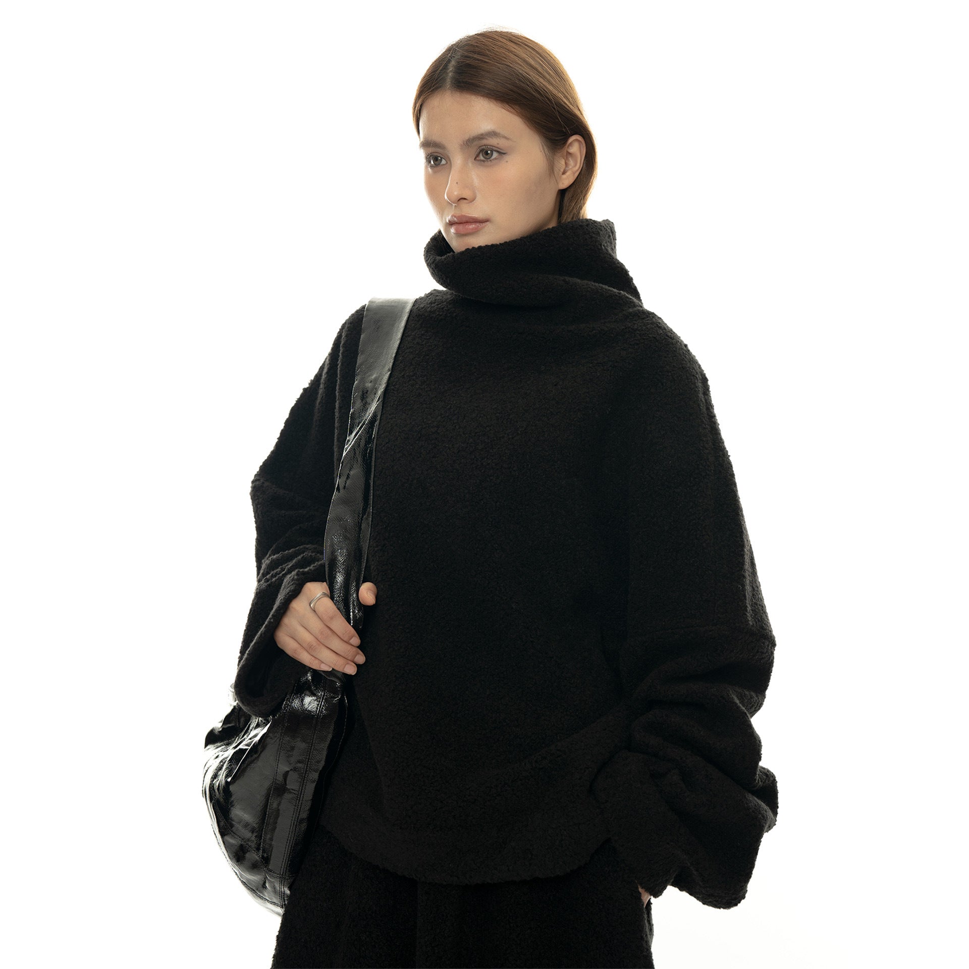Women Cozy Oversized Teddy Sweater with High Roll Neck Chichicherry
