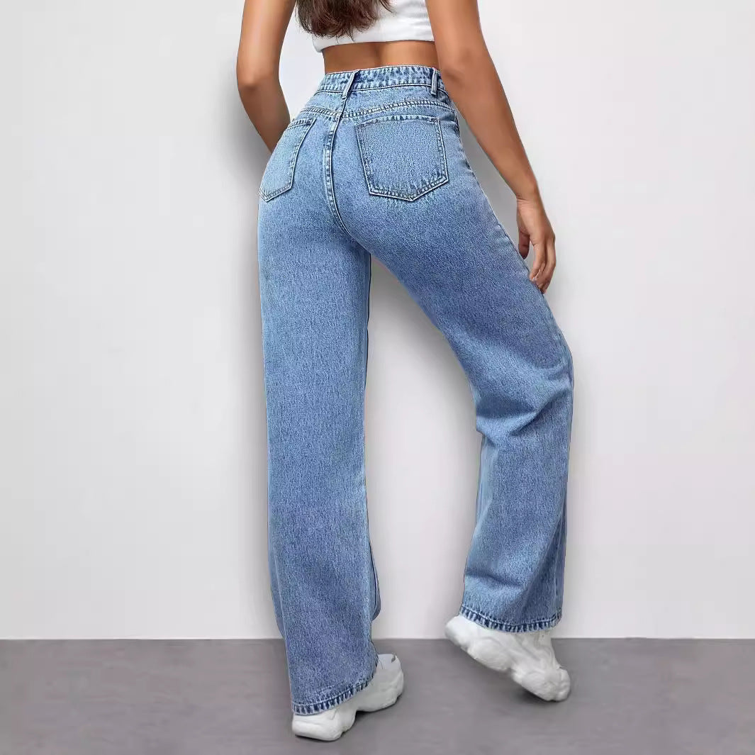 Ladies High-Waist Loose-Fit Denim Pants with Side Butterfly Print Chichicherry