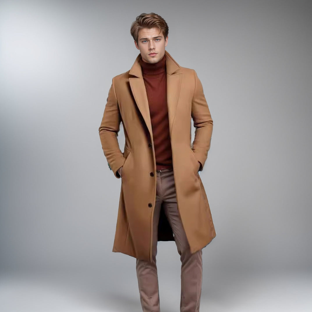 Men's Longer Tailored Wool Coat with Lapel Collar and Flap Pockets Chichicherry
