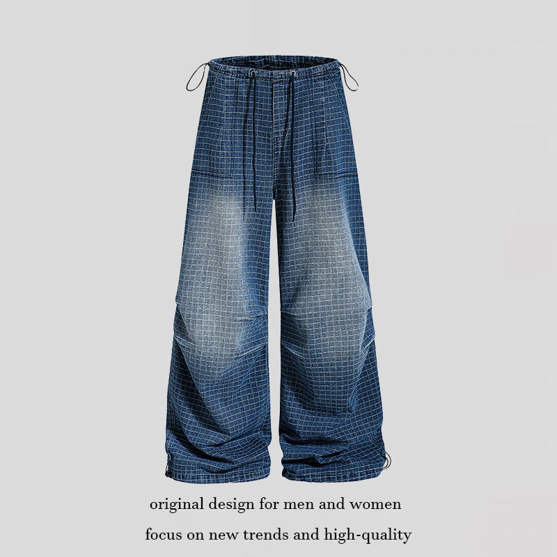 Women's Loose High-Waist Culotte Jeans with Drawstring, Check Pattern and Adjustable Hem Chichicherry
