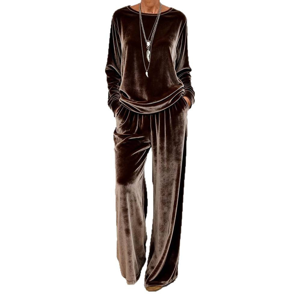 Women's Velvet Lounge Set with Wide Leg and Round Neckline Chichicherry