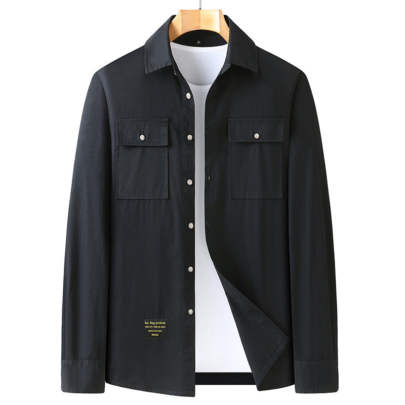 Men's Classic Long Sleeve Cotton Blend Shirt with Kent Collar and Patch Chest Pockets Chichicherry