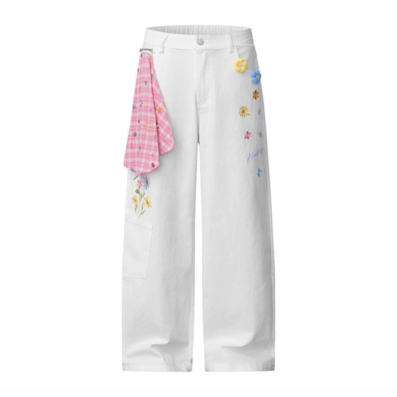Ladies Wide High-Waist Denim Palazzo Jeans with Floral Embroidery, Cargo Pocket and Scarf Detail Chichicherry