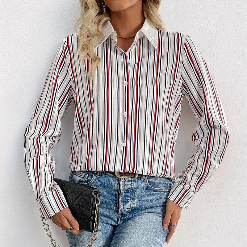 Women Striped Shirt Blouse with Decorative Collar and Long Sleeve Cuffs Chichicherry