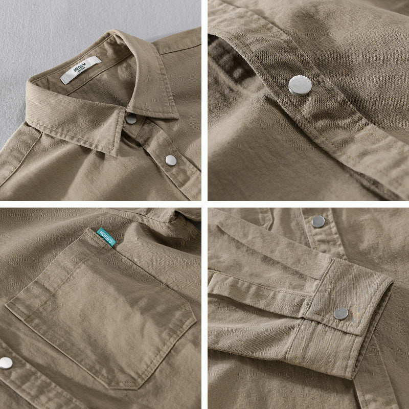 Men's overshirt in shirt jacket style made of light cotton blend with snap button placket and patch chest pockets Chichicherry