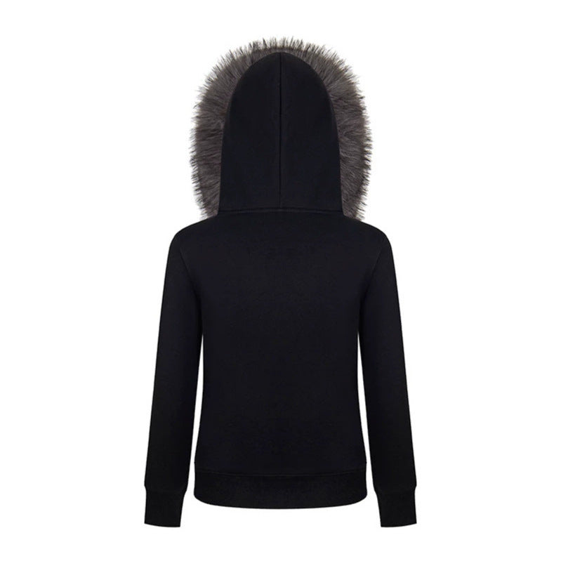 Women’s Hooded Sweat Jacket with Faux Fur Trim and Military Decorative Button Placket Chichicherry
