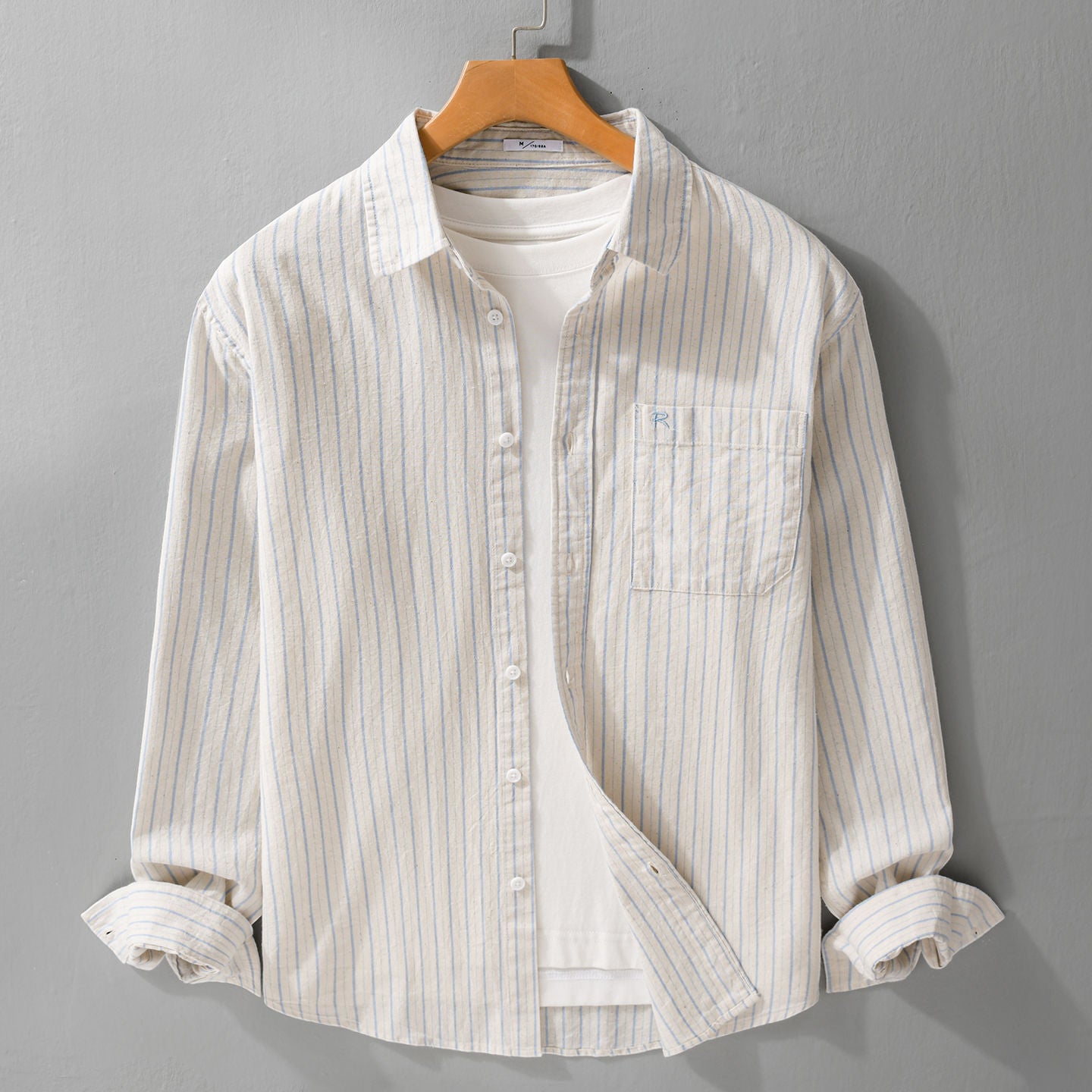 Men's Relaxed-Fit Striped Shirt made of lightweight Cotton-Linen with patch Chest Pocket Chichicherry
