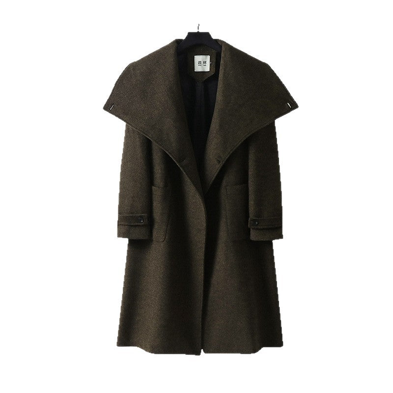 Women's Oversized Wool Blend Coat with Wide Shawl Collar and Patch Pockets Chichicherry