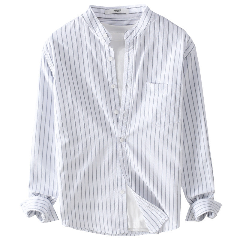 Men's Lightweight Stand Collar Long Sleeve Shirt made of Cotton Blend with Fine Pinstripe and Chest Pocket Chichicherry