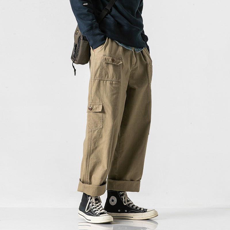 Men's loose cotton cargo pants in baggy cut with multifunctional pockets and rolled hem Chichicherry
