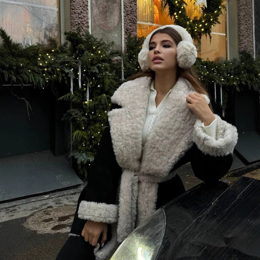 Damen Kurzer Oversized Wintermantel mit Teddy-Futter und Taillengürtel Chichicherry