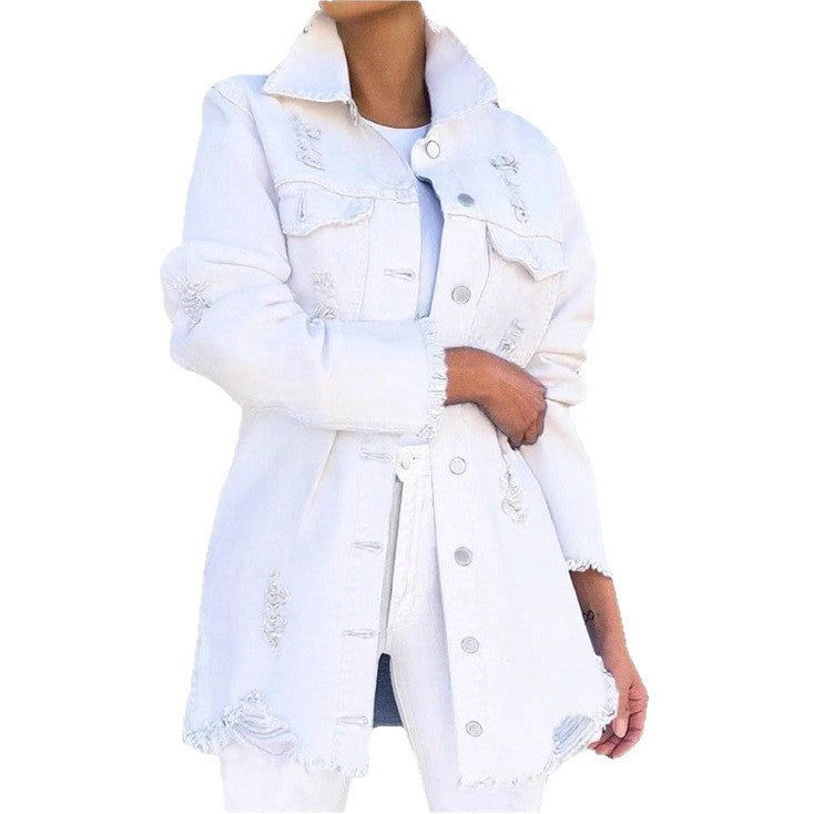 Ladies Longline Denim Jacket with Destroyed Details and Fringed Hem Chichicherry