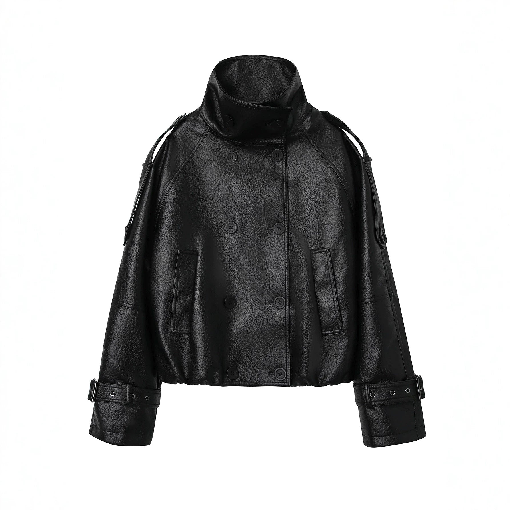 Men's short cut double-breasted leather jacket with high standing collar Chichicherry
