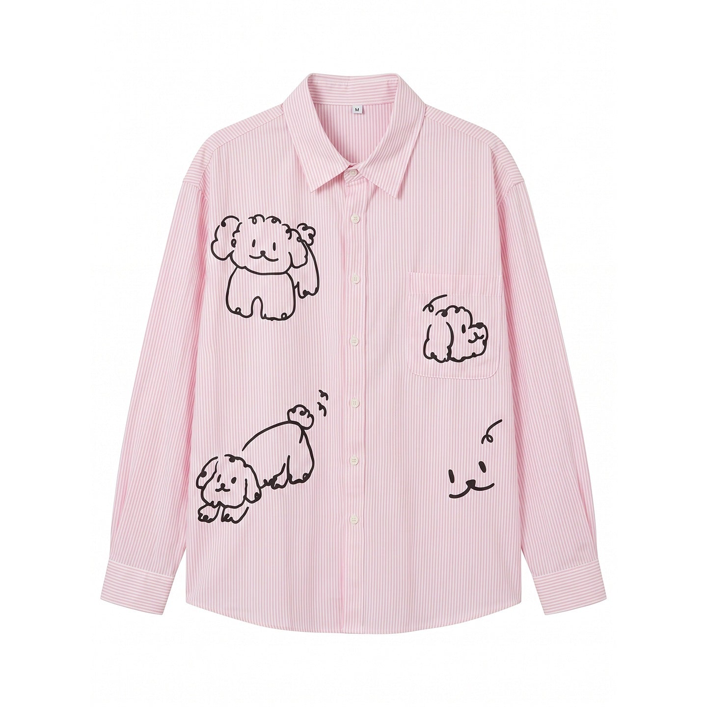 Women's Striped Oversize Shirt Blouse with Doodle Dog Prints and Chest Pocket Chichicherry