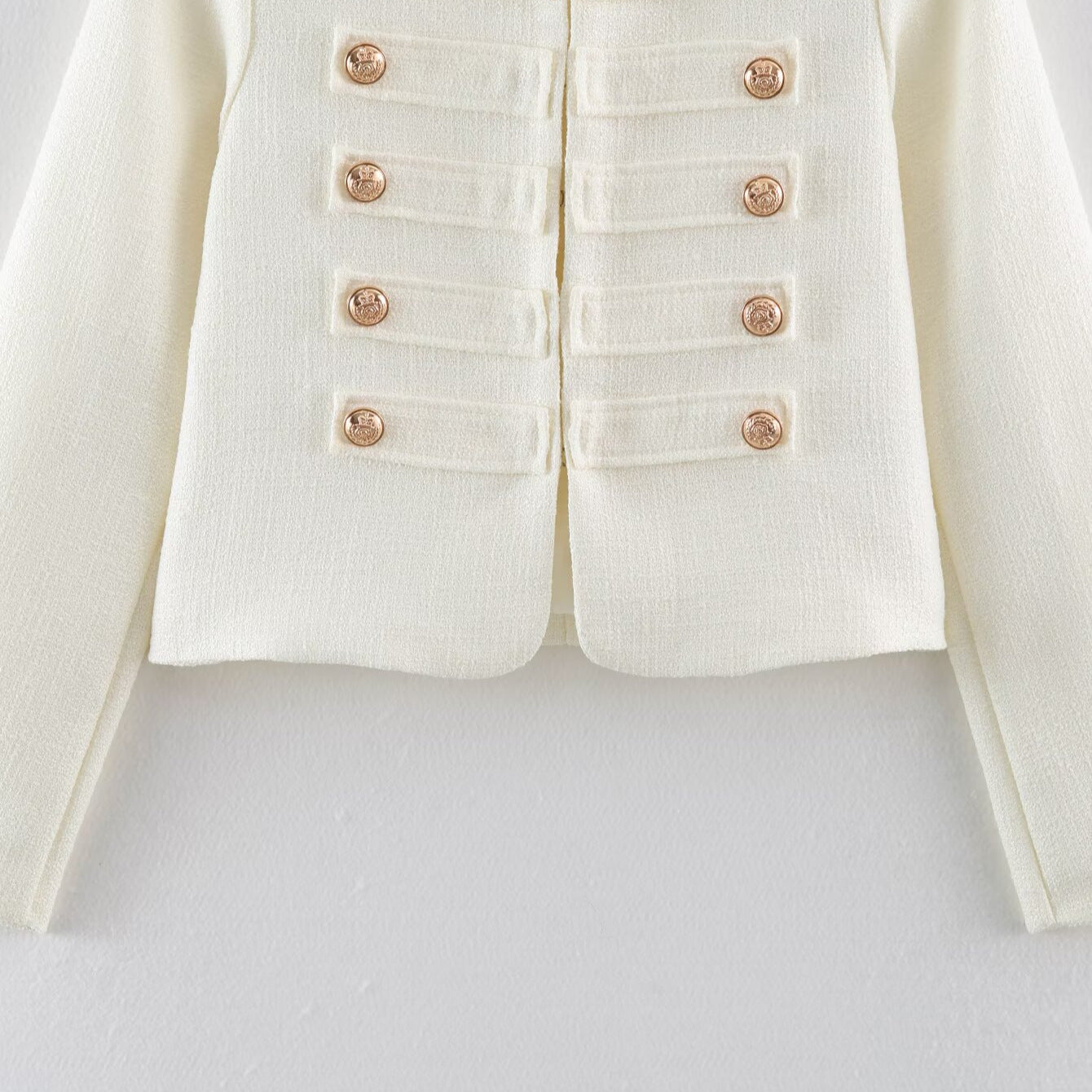 Women Short Boucle Jacket in Military Style with Decorative Stripes and Gold Buttons Chichicherry