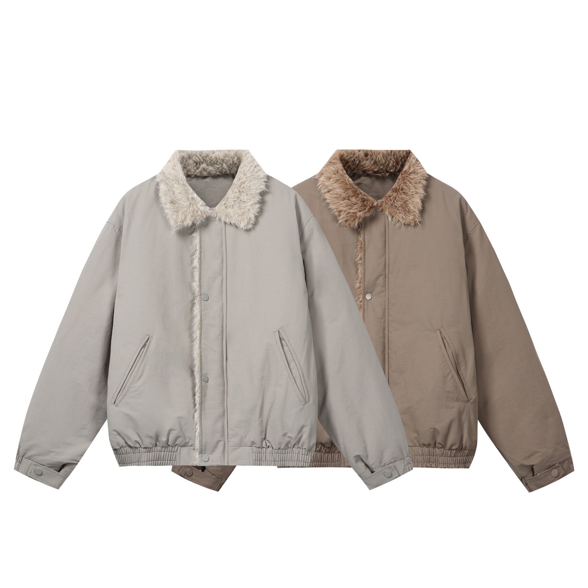 Women's Minimalist Thermo Blouson Jacket with Faux Fur Shawl Collar and Elastic Tunnel Drawstring Hem Chichicherry