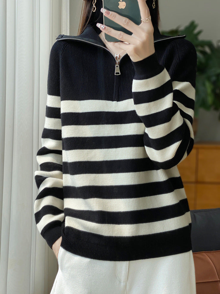 Women Maritime Troyer Pullover made of fine rib knit with wide horizontal stripes Chichicherry