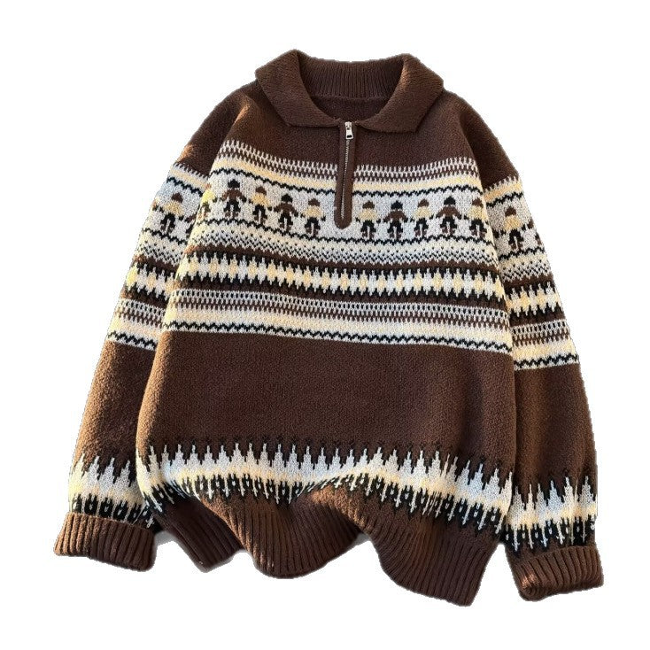 Unisex Oversized Rundhalspullover mit Norweger-Jacquard und gerippten Bündchen Chichicherry